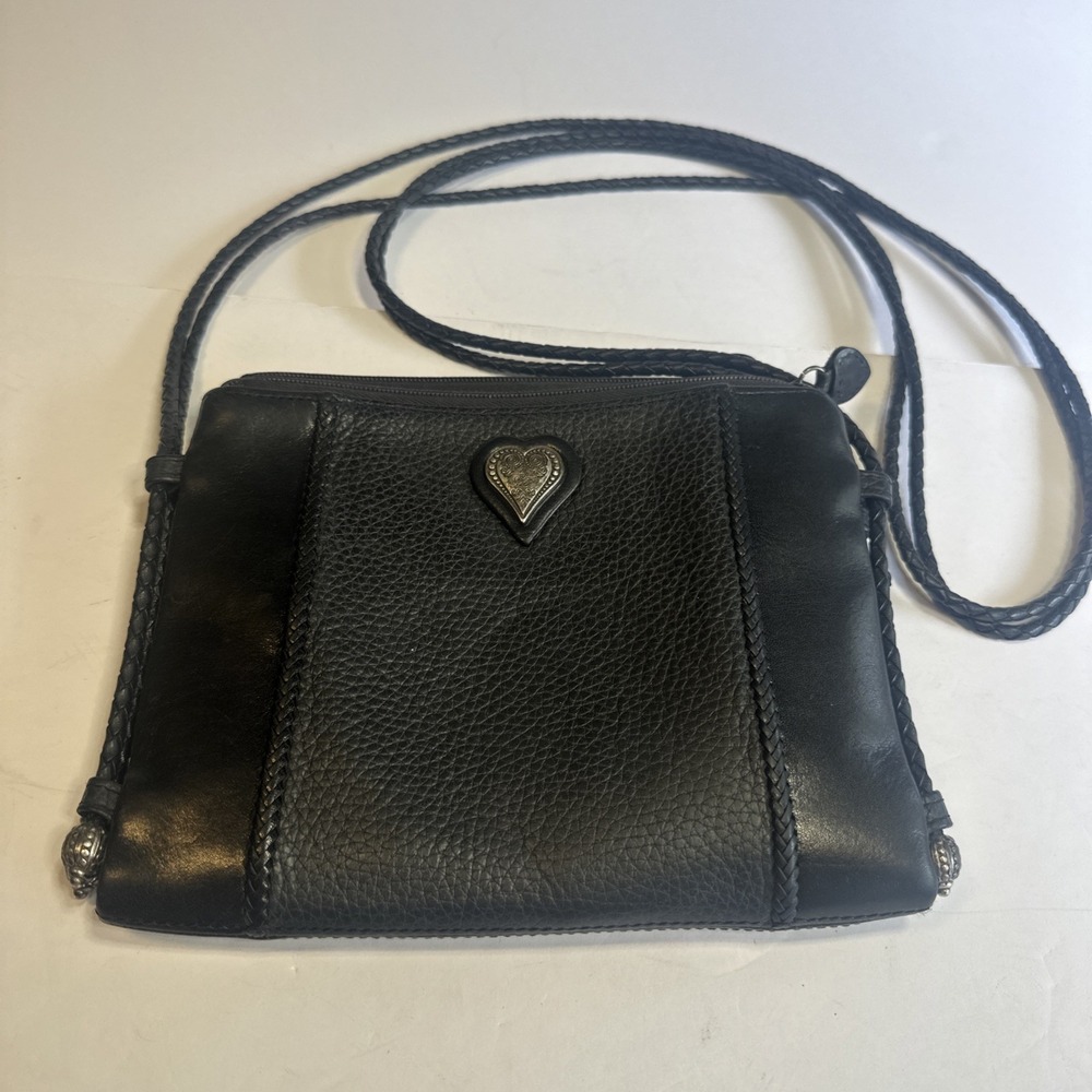 Brighton Black‎ Leather Small Crossbody Handbag w/braided Shoulder Straps